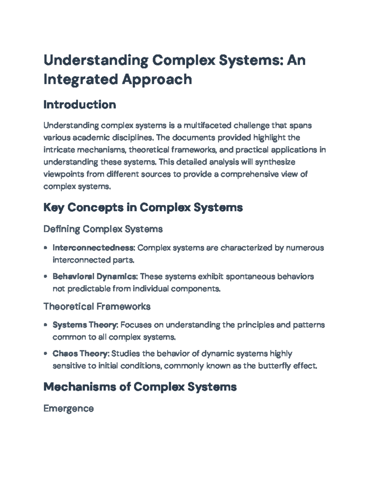 Understanding Complex Systems: An Integrated Approach (Final Exam ...