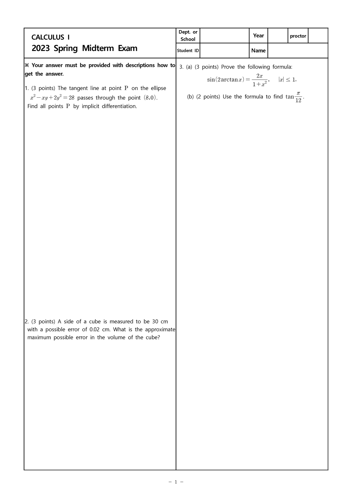 CALCULUS I 2023 Spring Midterm Exam Solutions and Descriptions - Studocu