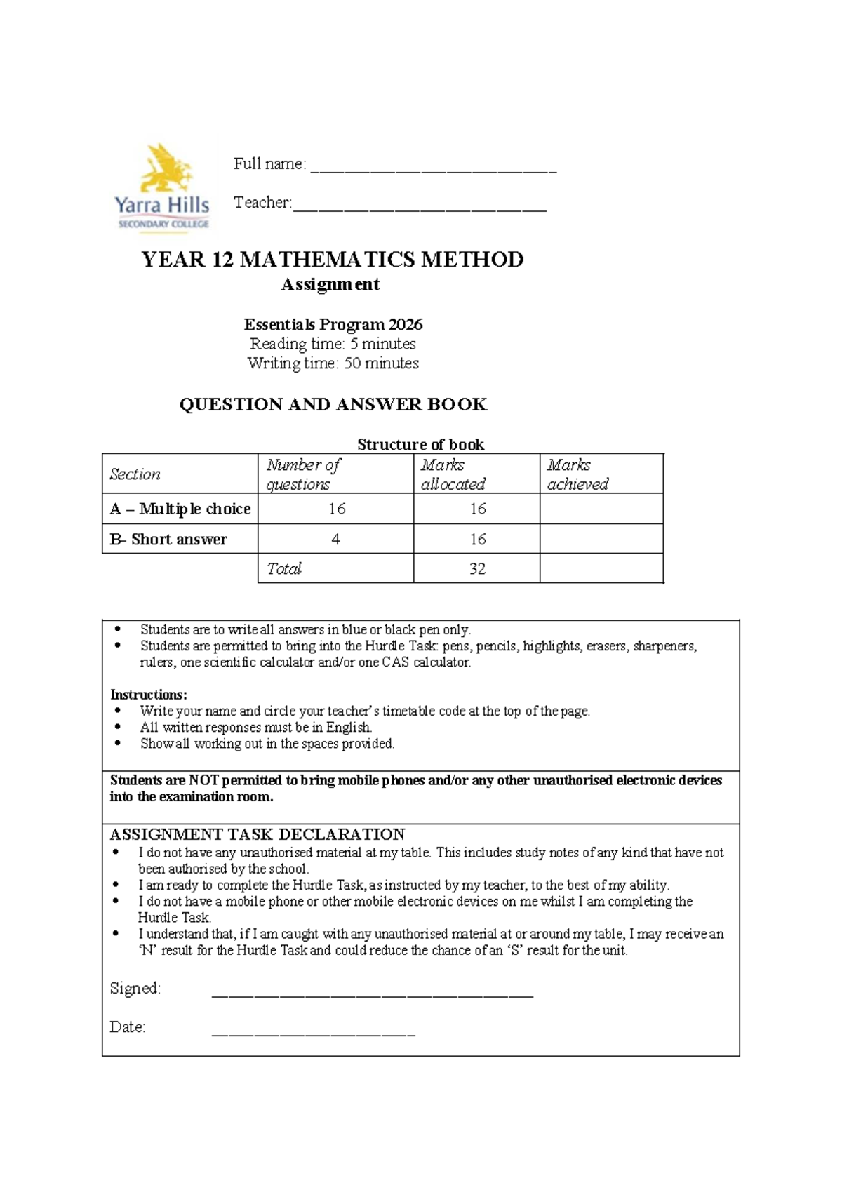 YEAR 12 MATH METHODS MM Assignment Essentials 2026 Guide - Studocu