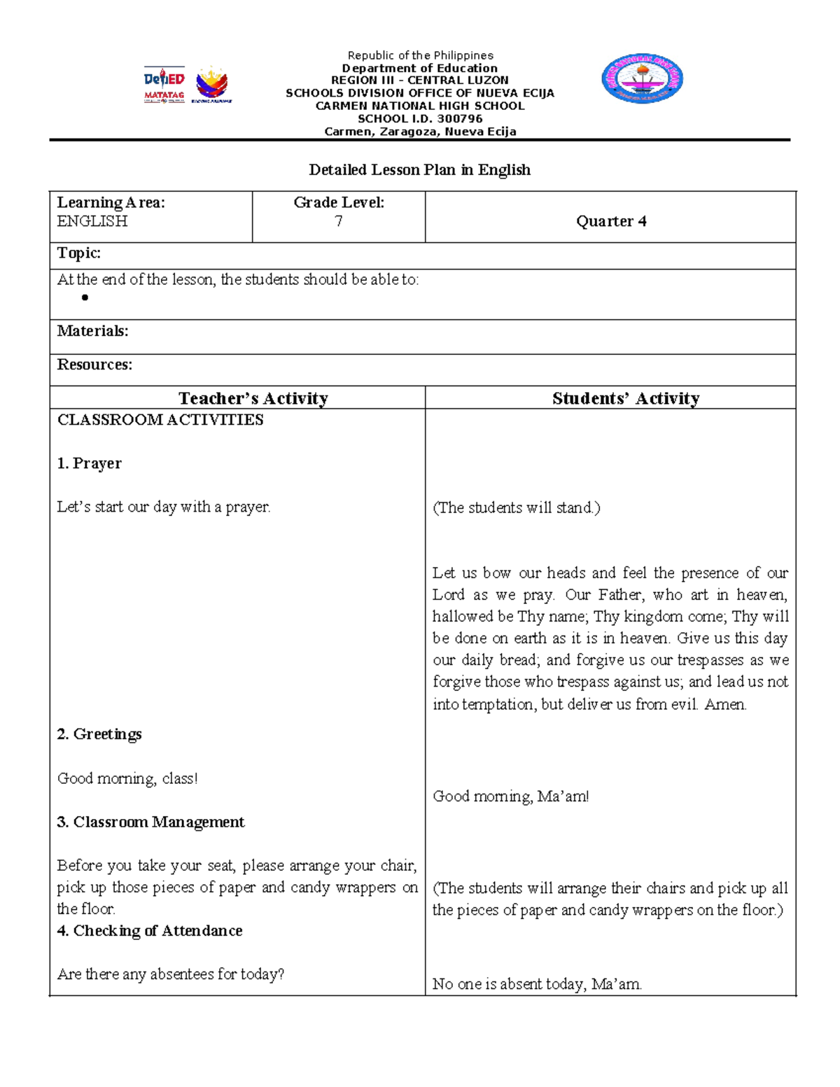 Detailed Lesson Plan (DLP) in English for Grade 7 - Quarter 4 - Studocu