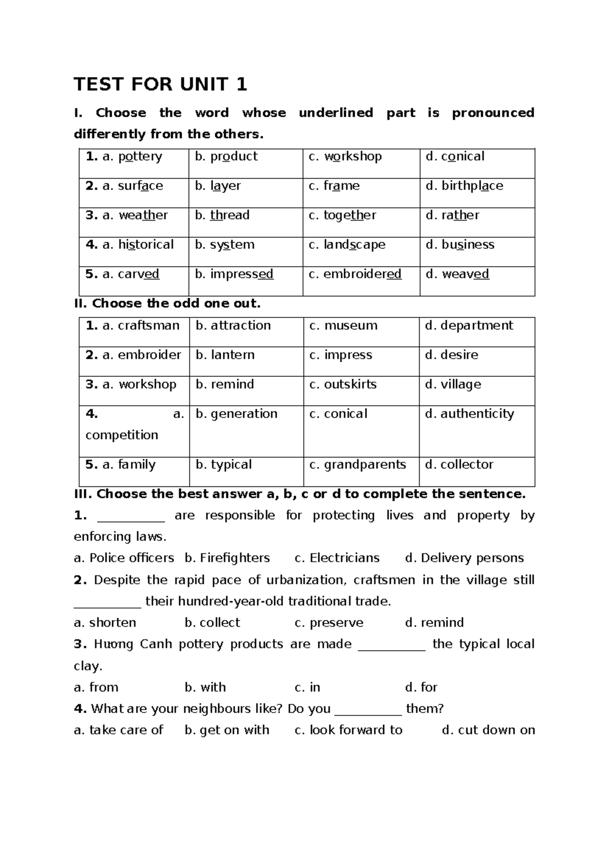 TEST FOR UNIT 1 - Practice Exercise and Answer Key - Studocu
