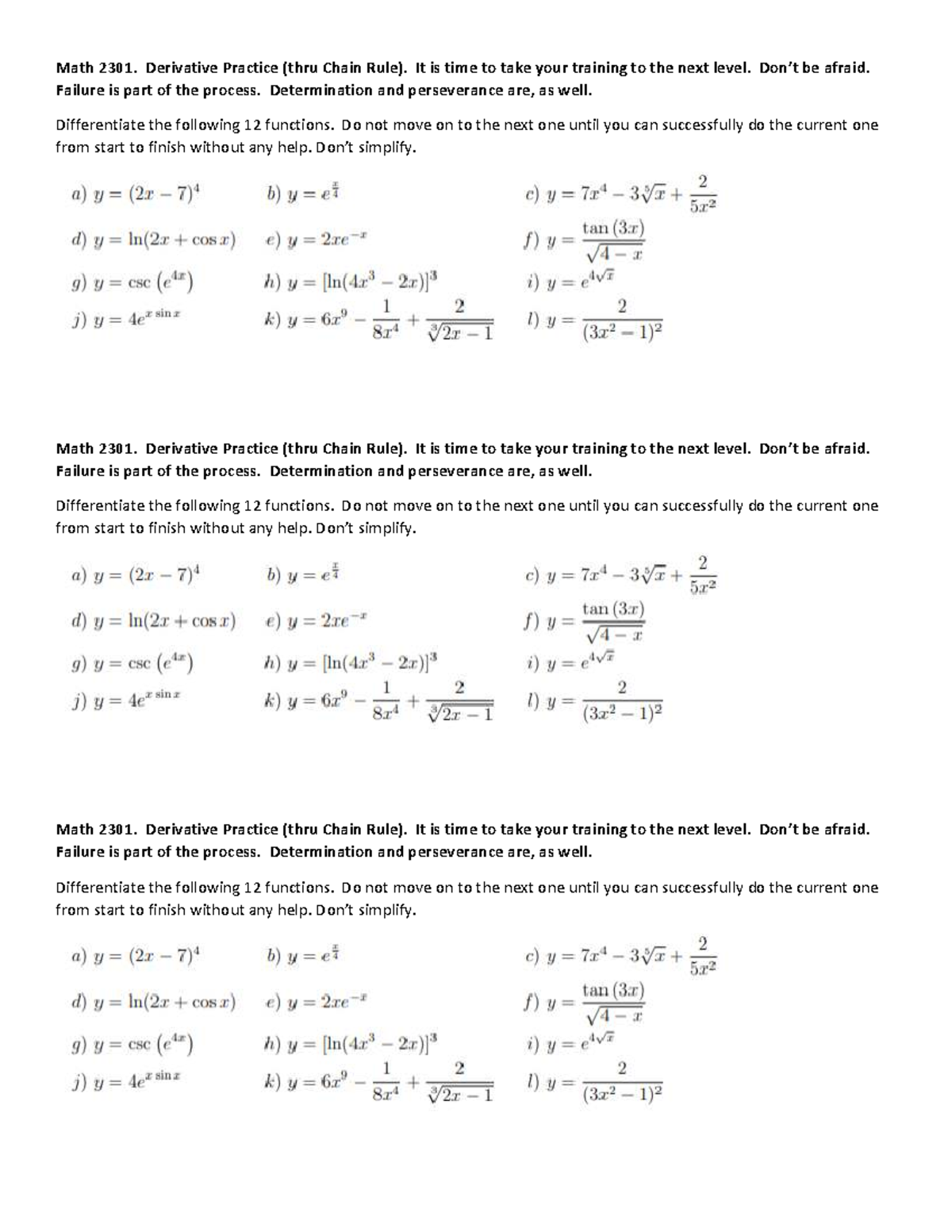 Math 2301. Chain Rule Derivative Practice Guide - Studocu