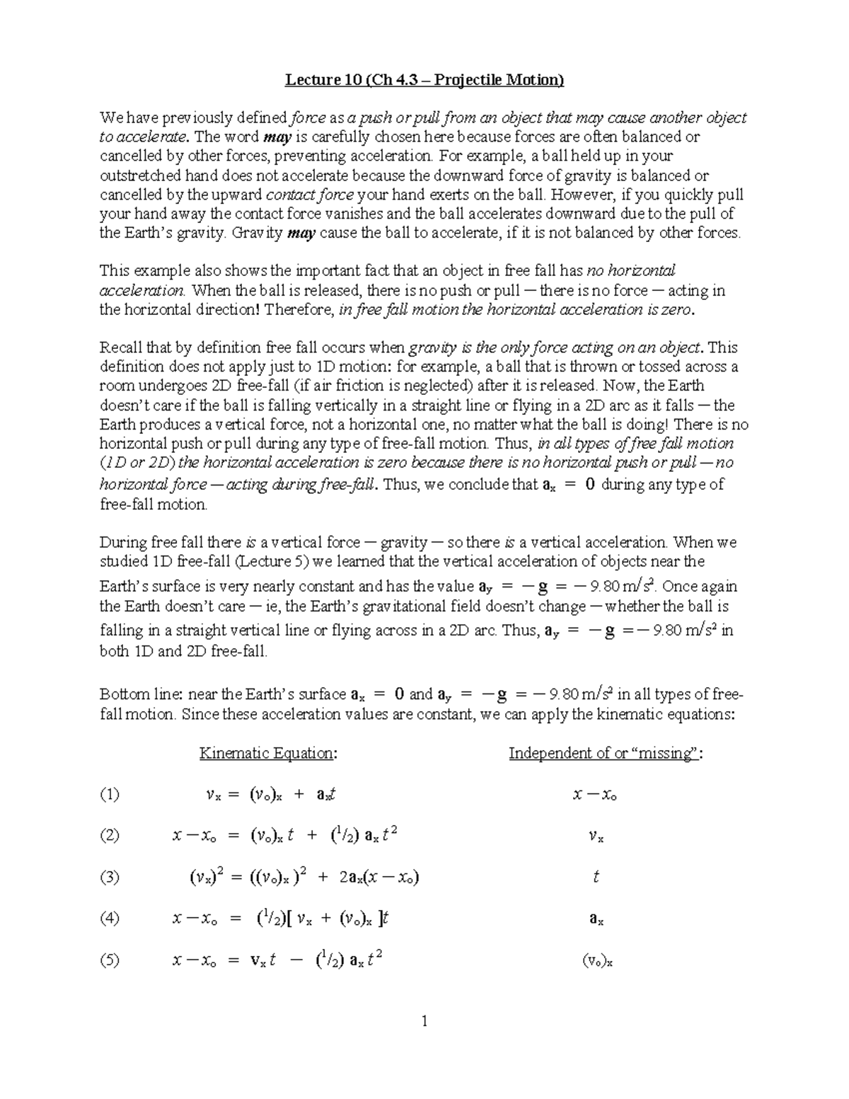 Kinematics of Projectile Motion: Key Equations and Examples (PHYS 101 ...