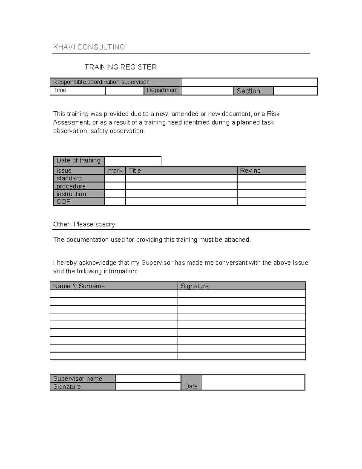 Training Register 1 - ofdhn dgfrbh - KHAVI CONSULTING TRAINING REGISTER ...