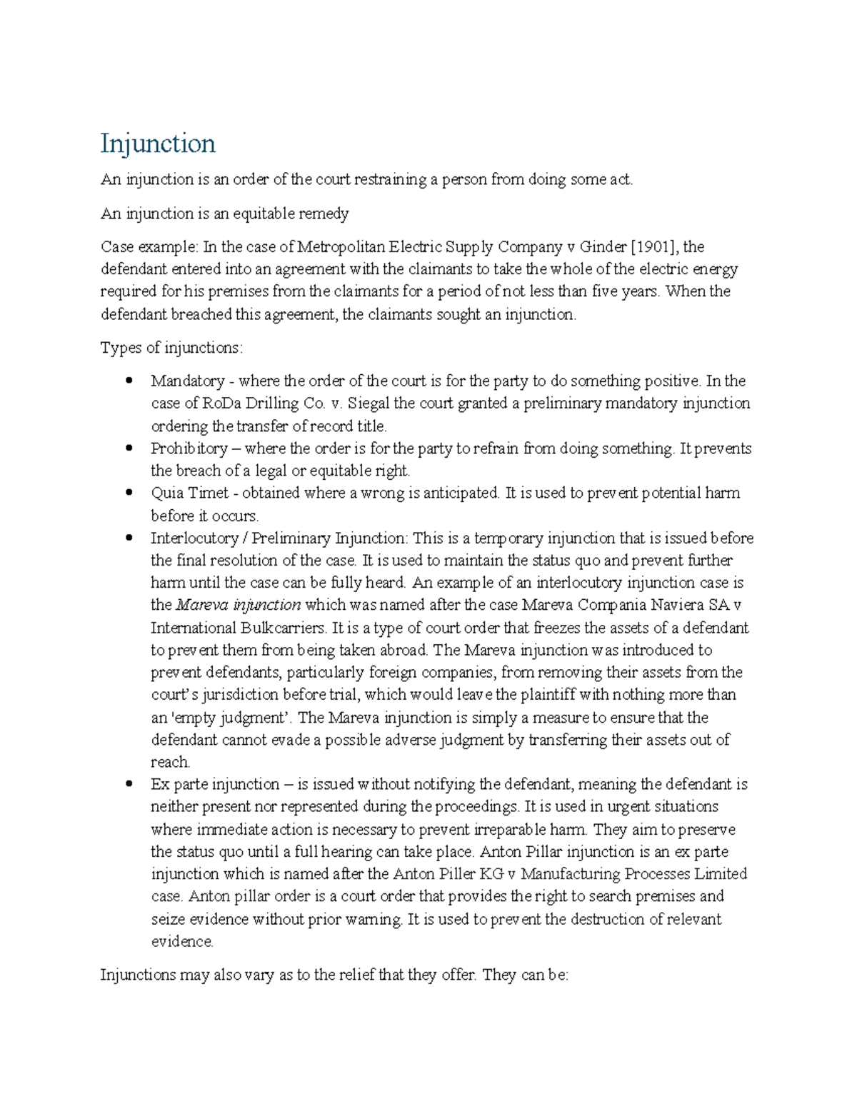 Injunctions - Detailed Notes on Types and Case Examples - Studocu