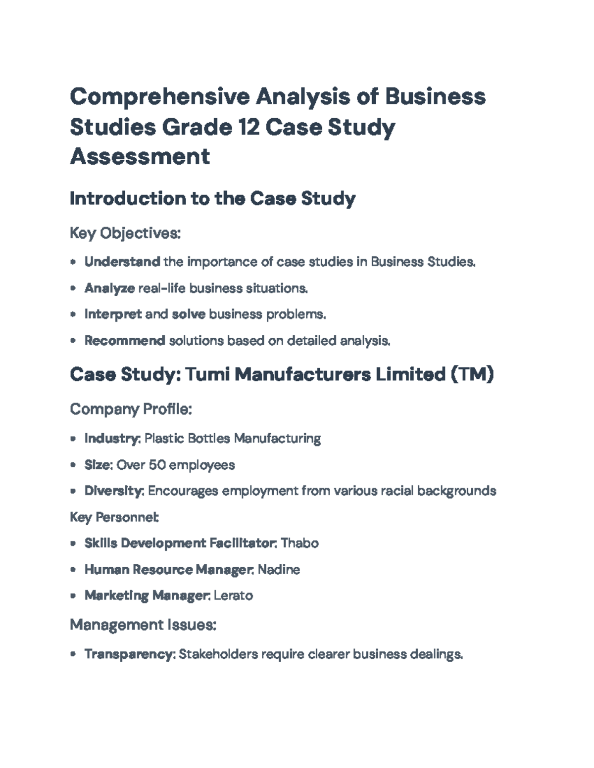 Grade 12 Business Studies - Comprehensive Case Study Analysis - Studocu