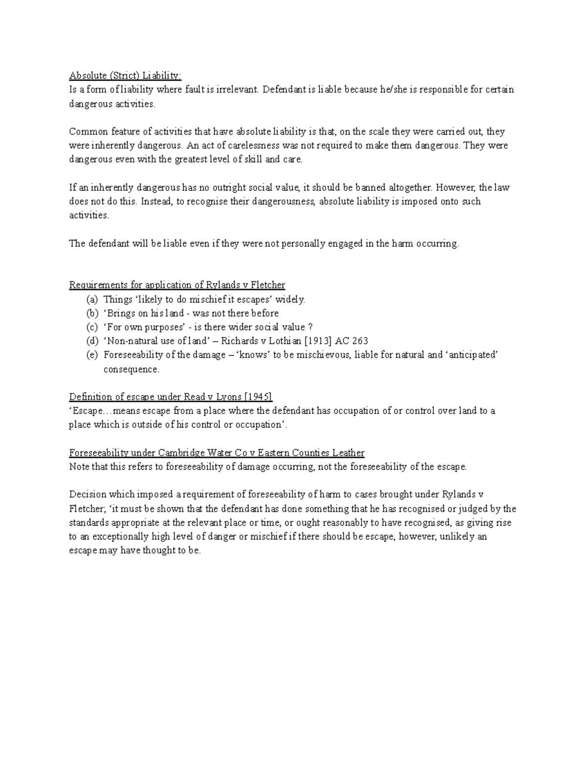 Rylands v Fletcher Notes: Understanding Absolute Liability Concepts ...