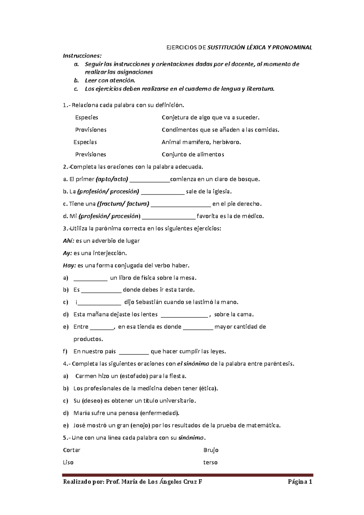 Ejercicios de Sustitución Léxica y Pronominal - Lengua y Literatura ...