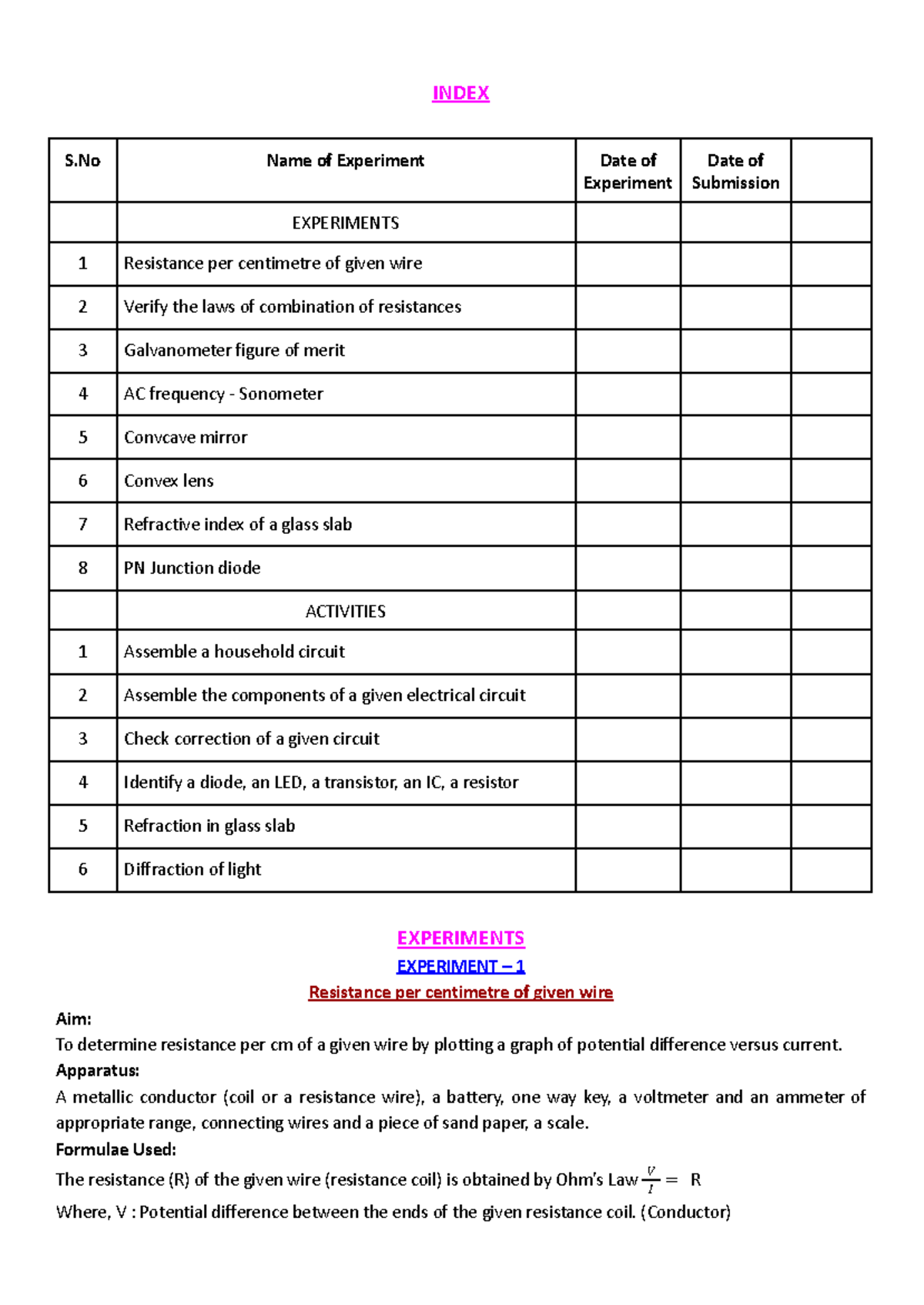 Physics Practicals: Experiments and Activities (Course Code: 12) - Studocu