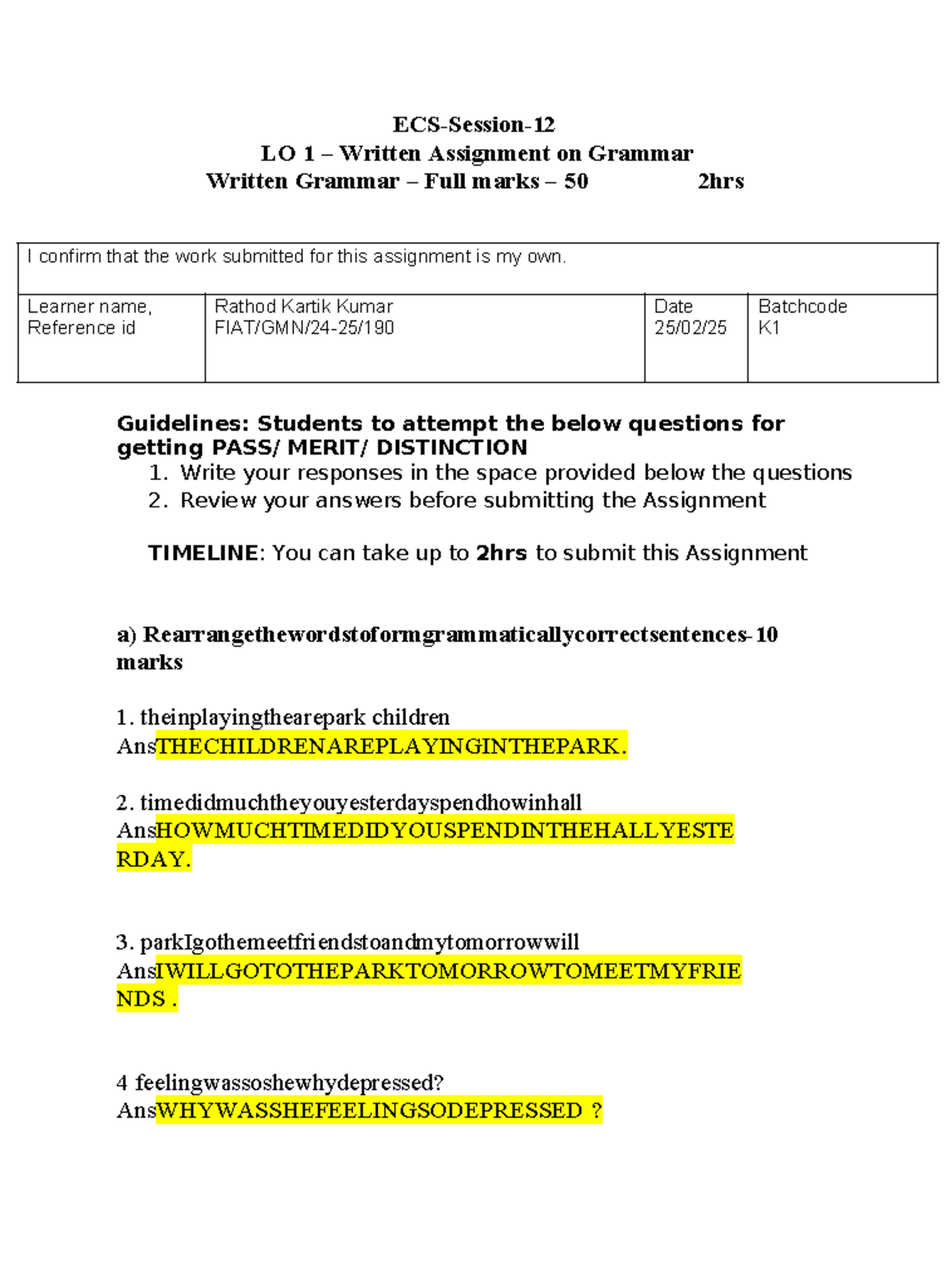 LO1 Written Assignment on Grammar: Full Marks 50, 2 Hours - Studocu
