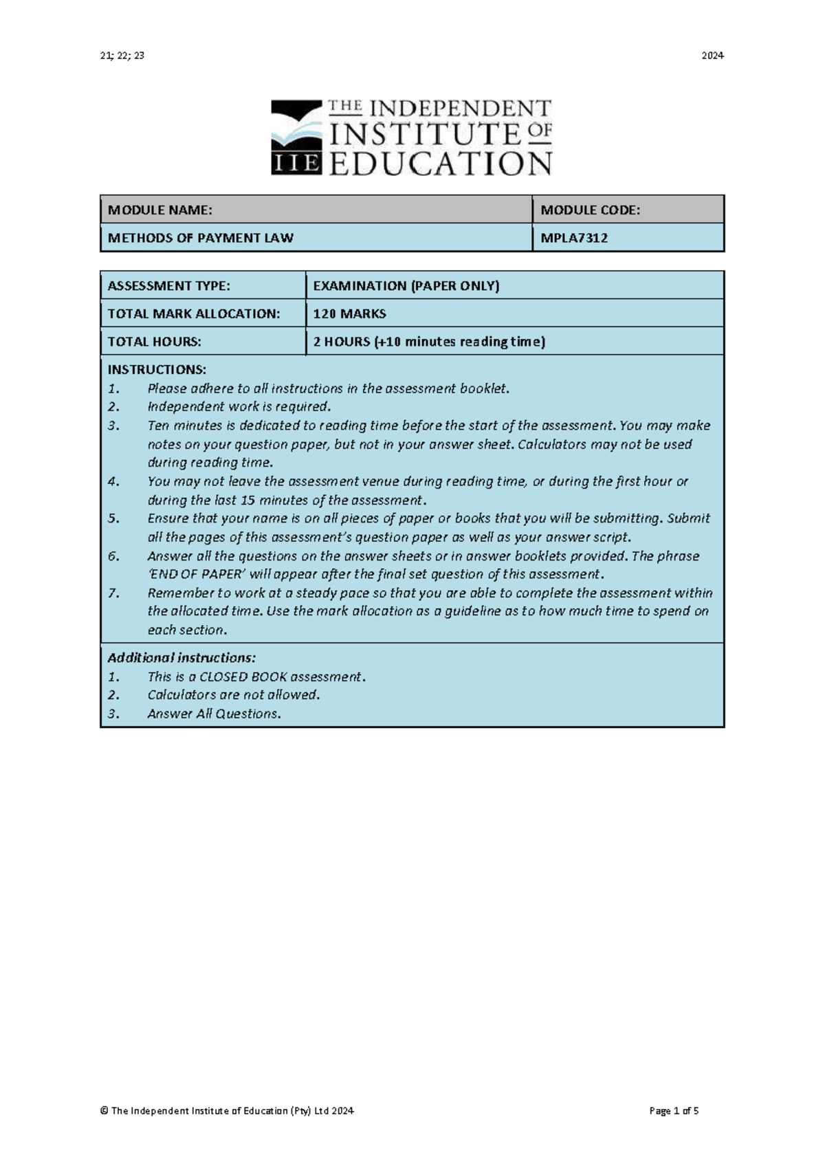 MPLA7312 Methods of Payment Law - Exam Paper 2024 - Studocu