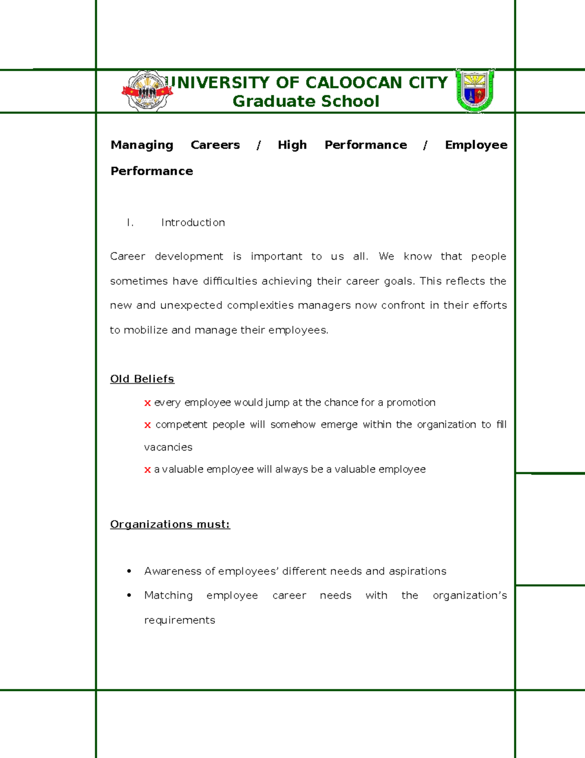 HRM 101: Managing Careers - A Narrative Report on Employee Development ...