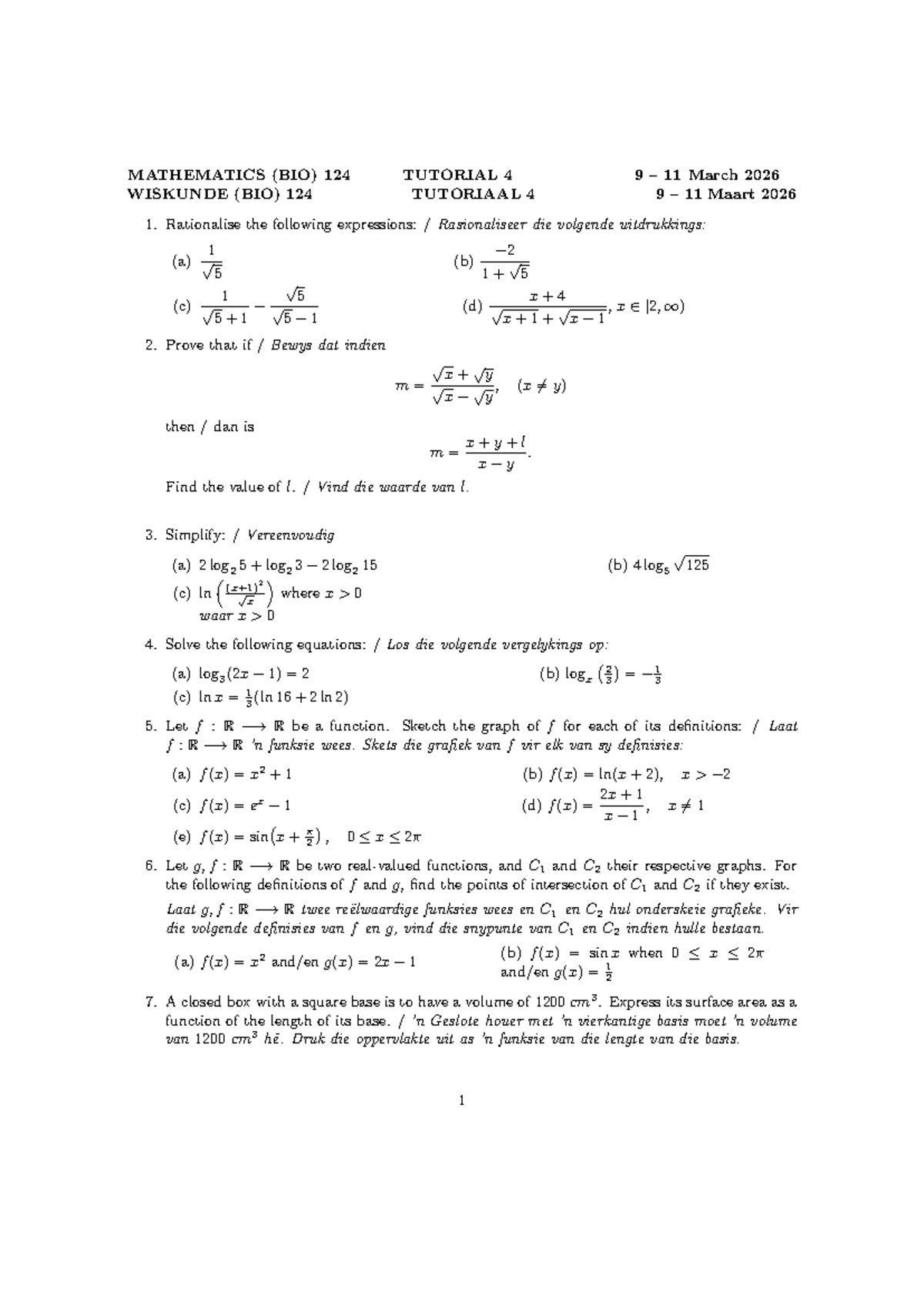 MATHEMATICS (BIO) 124: Tutorial 4 Solutions and Exercises - Studocu