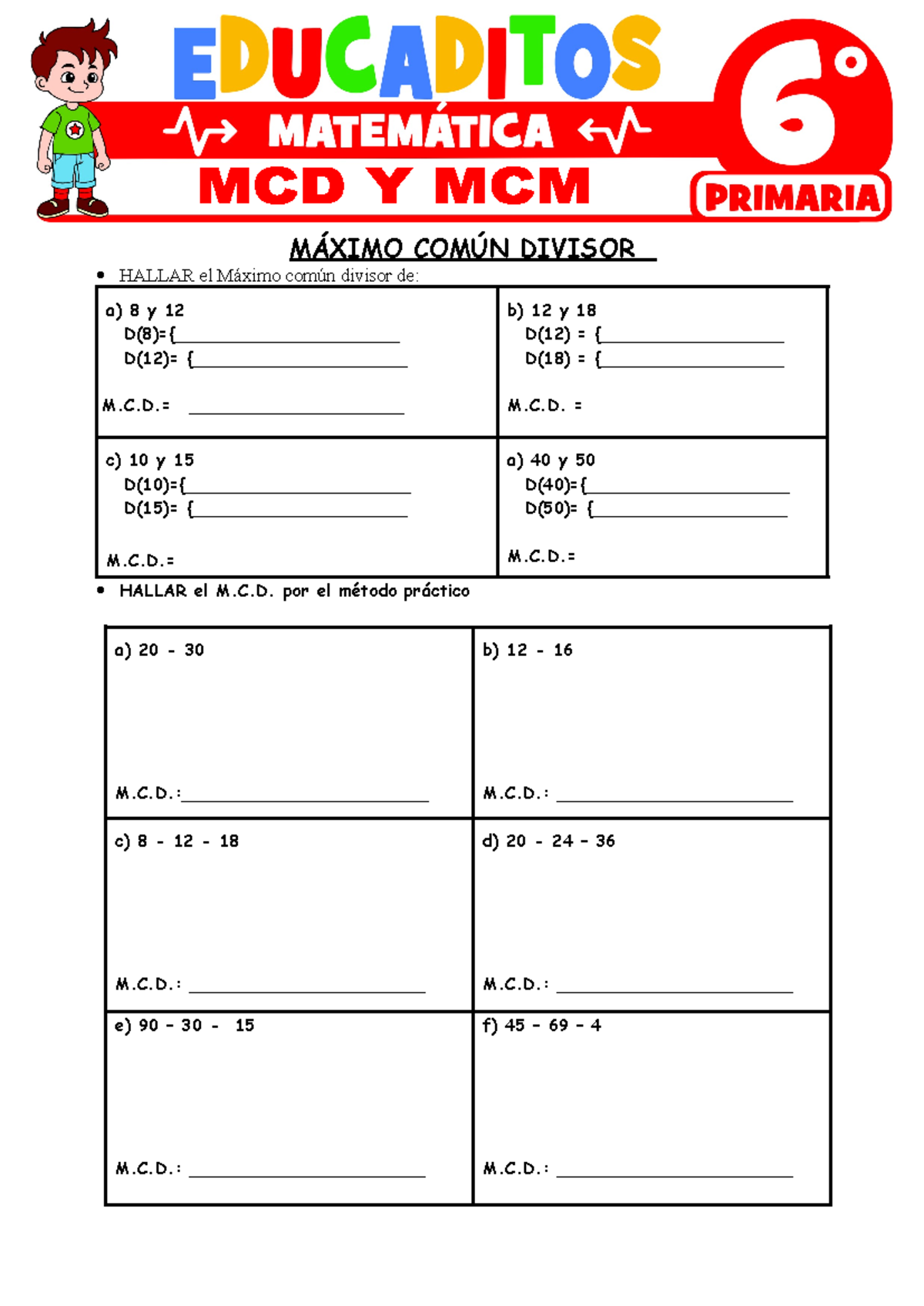 MCD y MCM: Ejercicios para Sexto Grado de Primaria y Soluciones - Document Preview