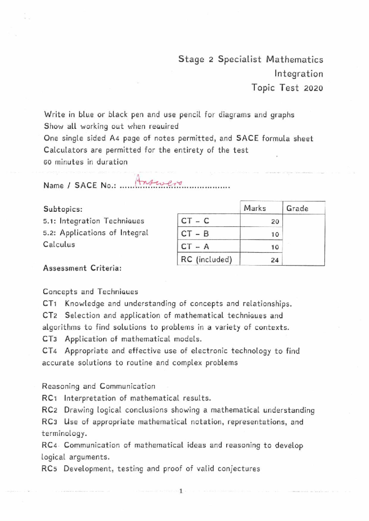 Stage 2 Specialist Mathematics Integration Topic Test Solutions 2020 ...