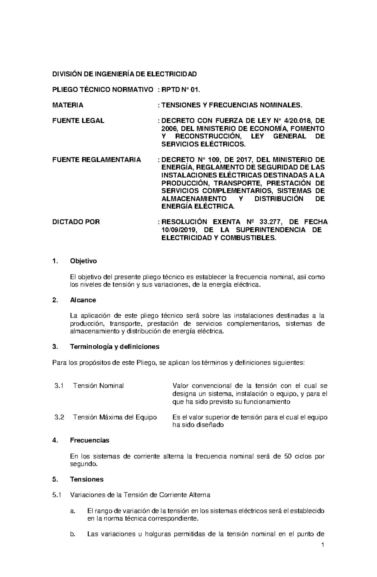 Pliego Técnico Normativo RPTD N°01: Tensiones y Frecuencias Eléctricas ...