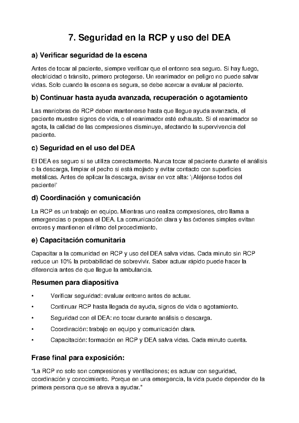 Seguridad en RCP y Uso del DEA - Notas de Clase - Studocu