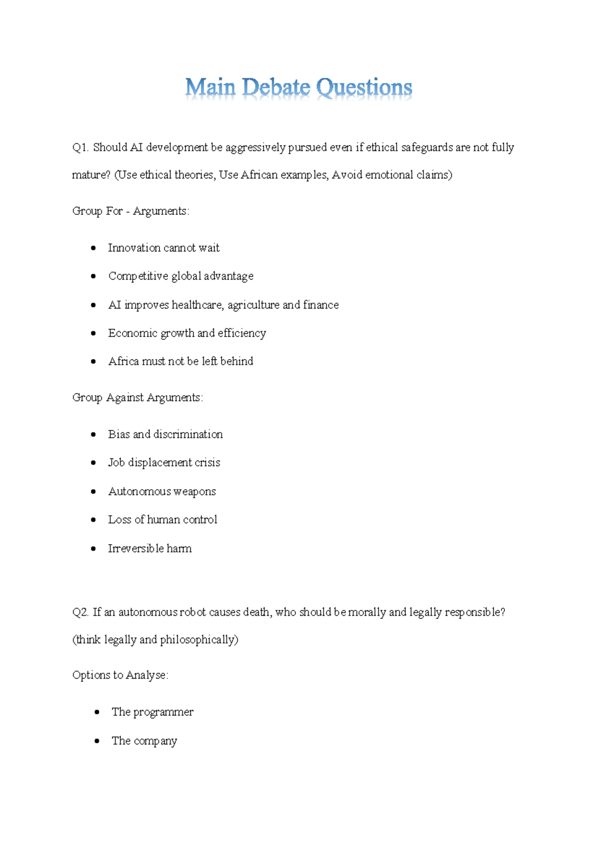 Main Debate Questions on AI Ethics and Responsibility - Studocu