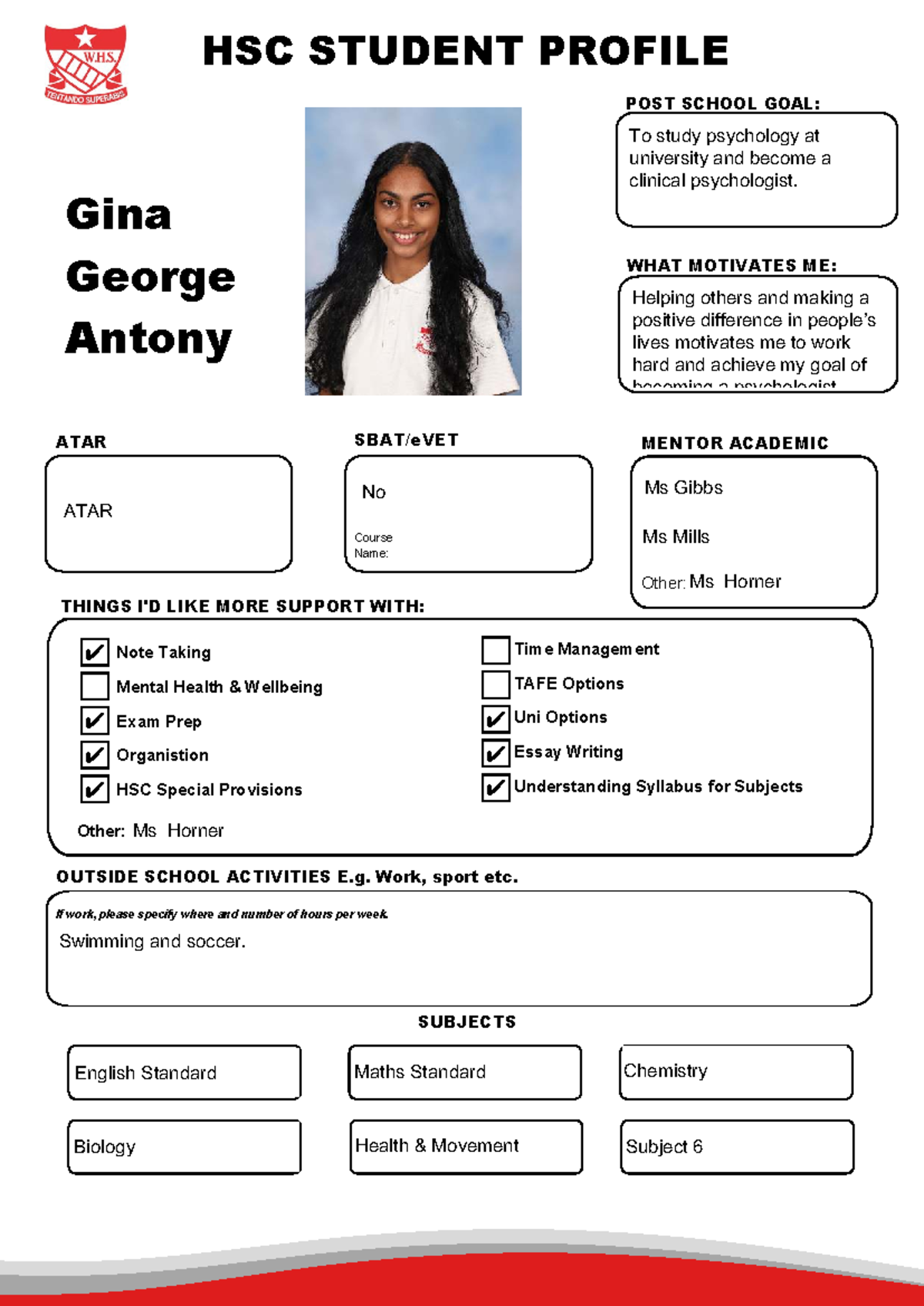 HSC Student Profile: Gina George Antony's Post-School Goals - Studocu