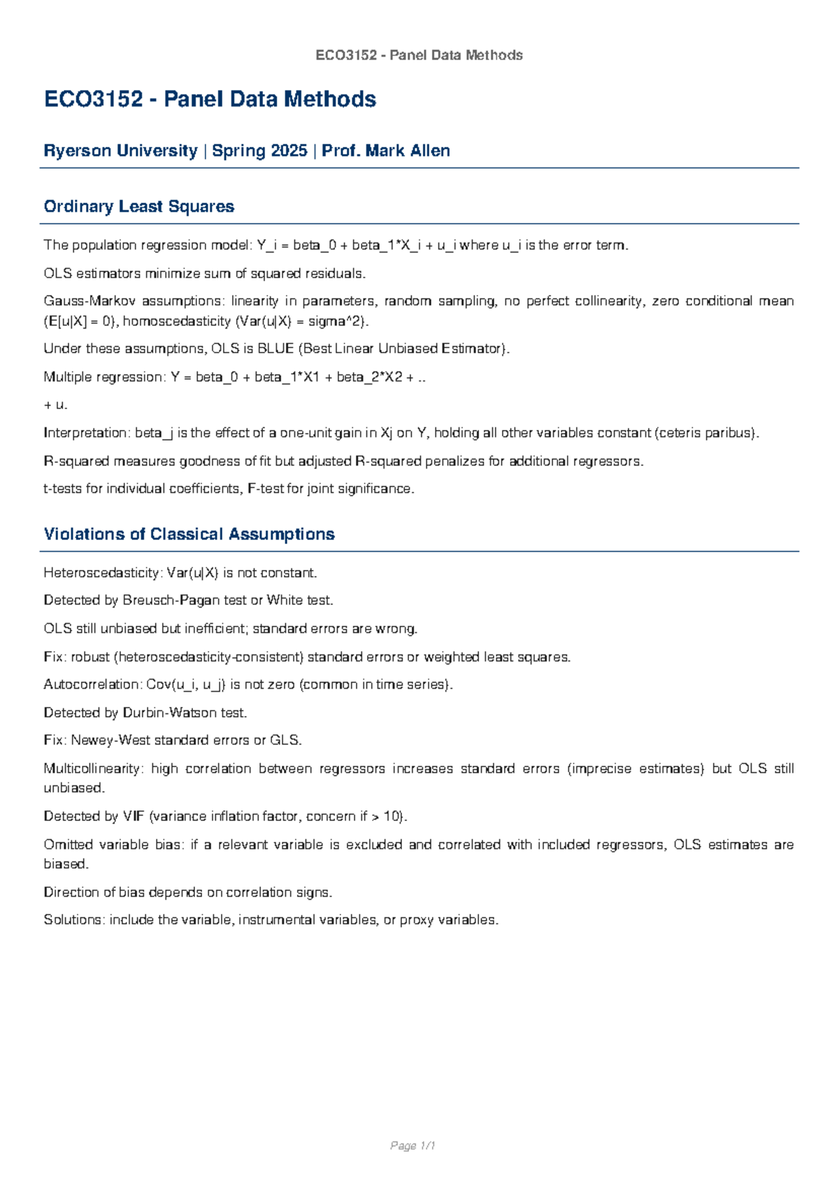 ECO3152 Final Exam Study Notes: Panel Data Methods Overview - Studocu