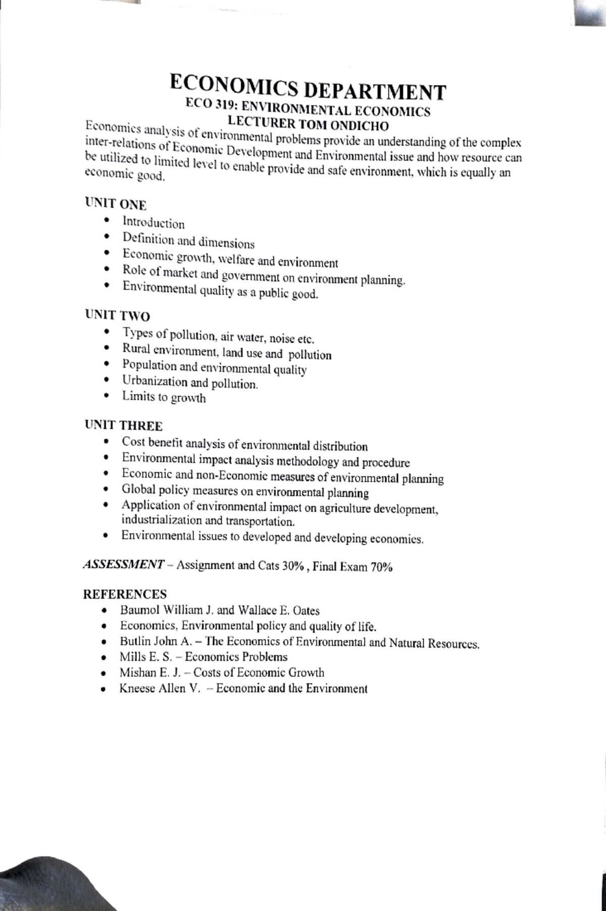 ECO 319: Environmental Economics Lecture Outline and Overview - Studocu