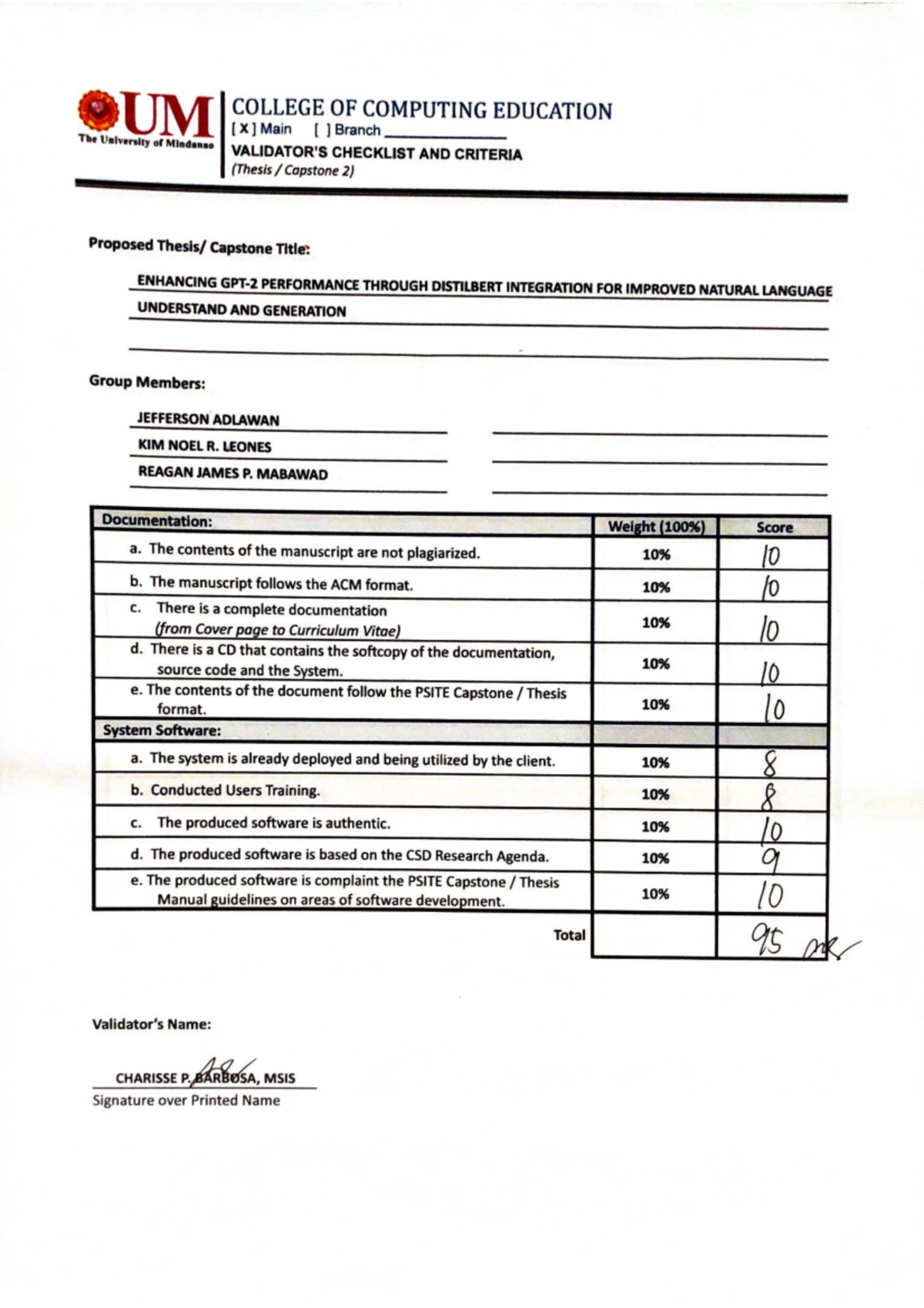 UM COLLEGE OF COMPUTING EDUCATION Thesis Capstone 2 Checklist ...