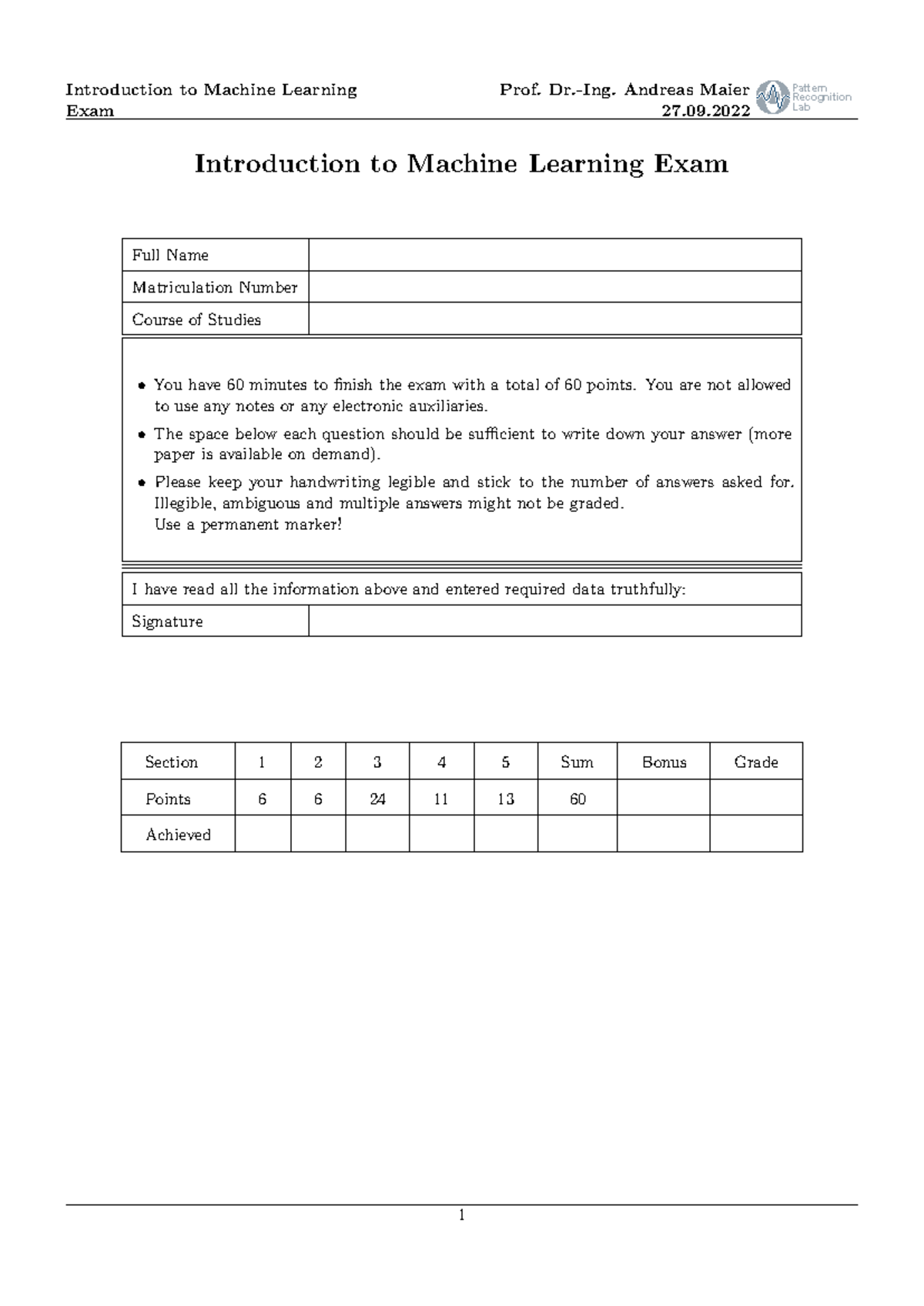 Introduction to Machine Learning (ML101) Final Exam - Pattern ...