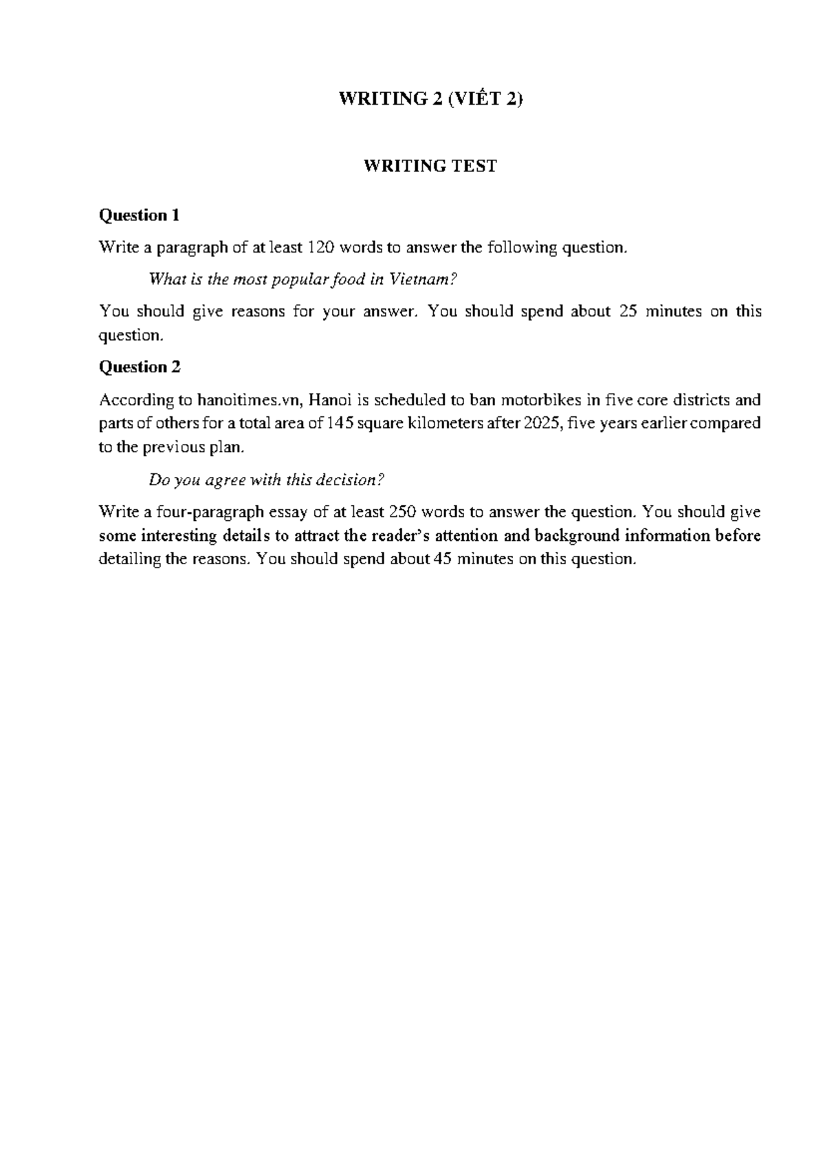 WRITING TEST DECRIPTION - WRITING 2 (VIẾT 2) WRITING TEST Question 1 ...