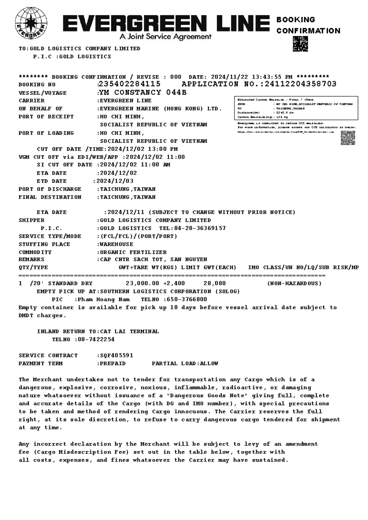 Booking Confirmation for Evergreen Line - 235402284115 - Studocu