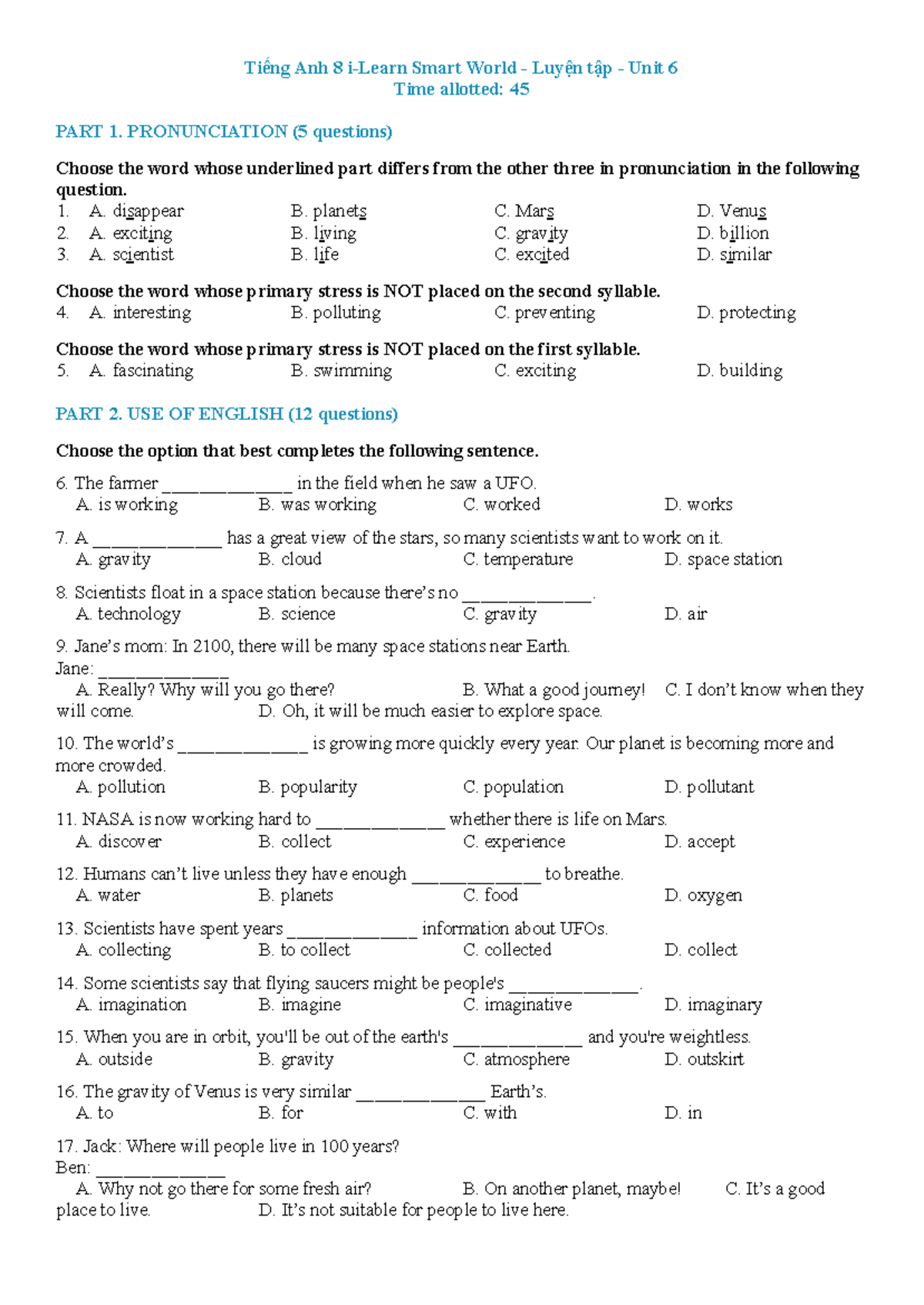 Tiếng Anh 8 Smart World Luyện tập Unit 6 - Answer Key - Studocu