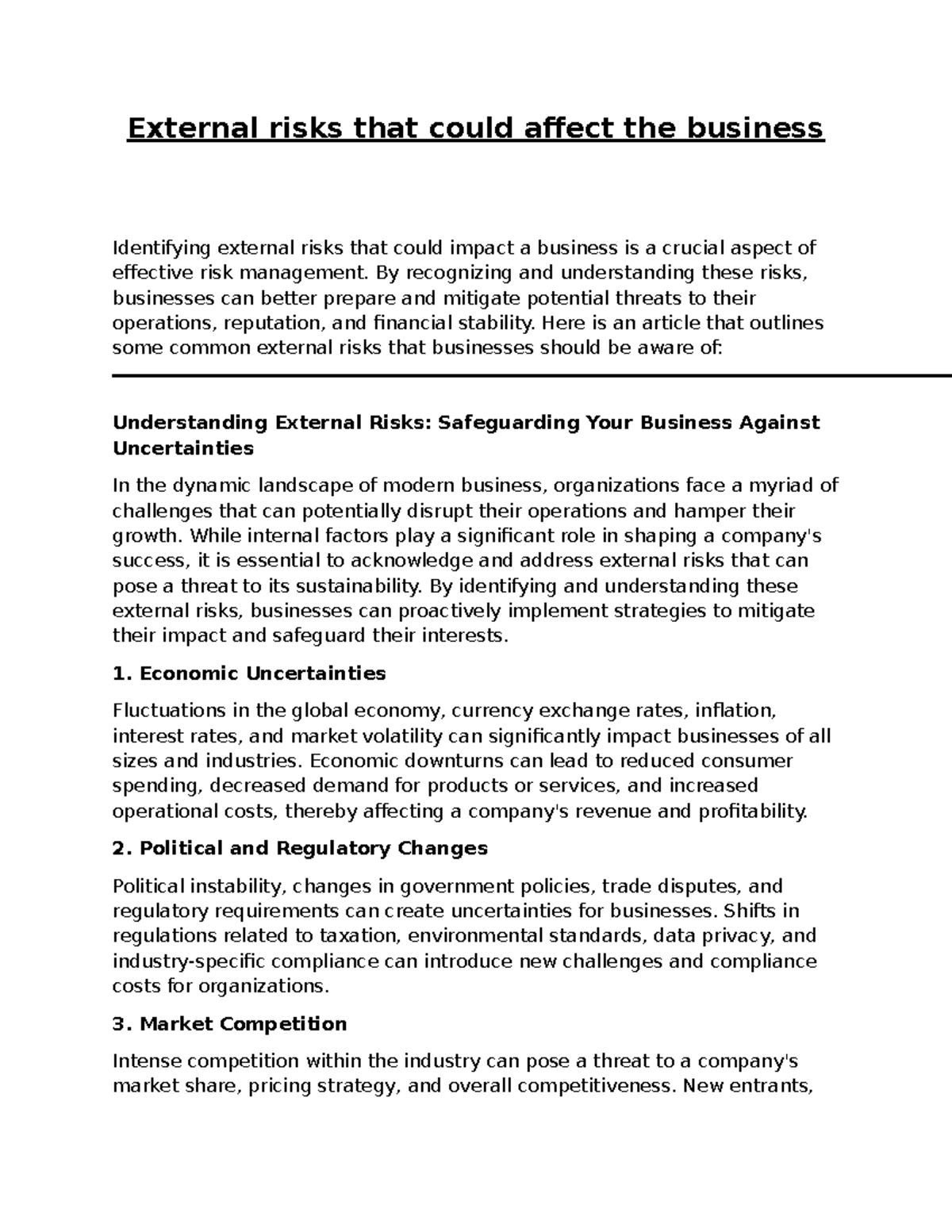 External risks the could affect the business - External risks that ...