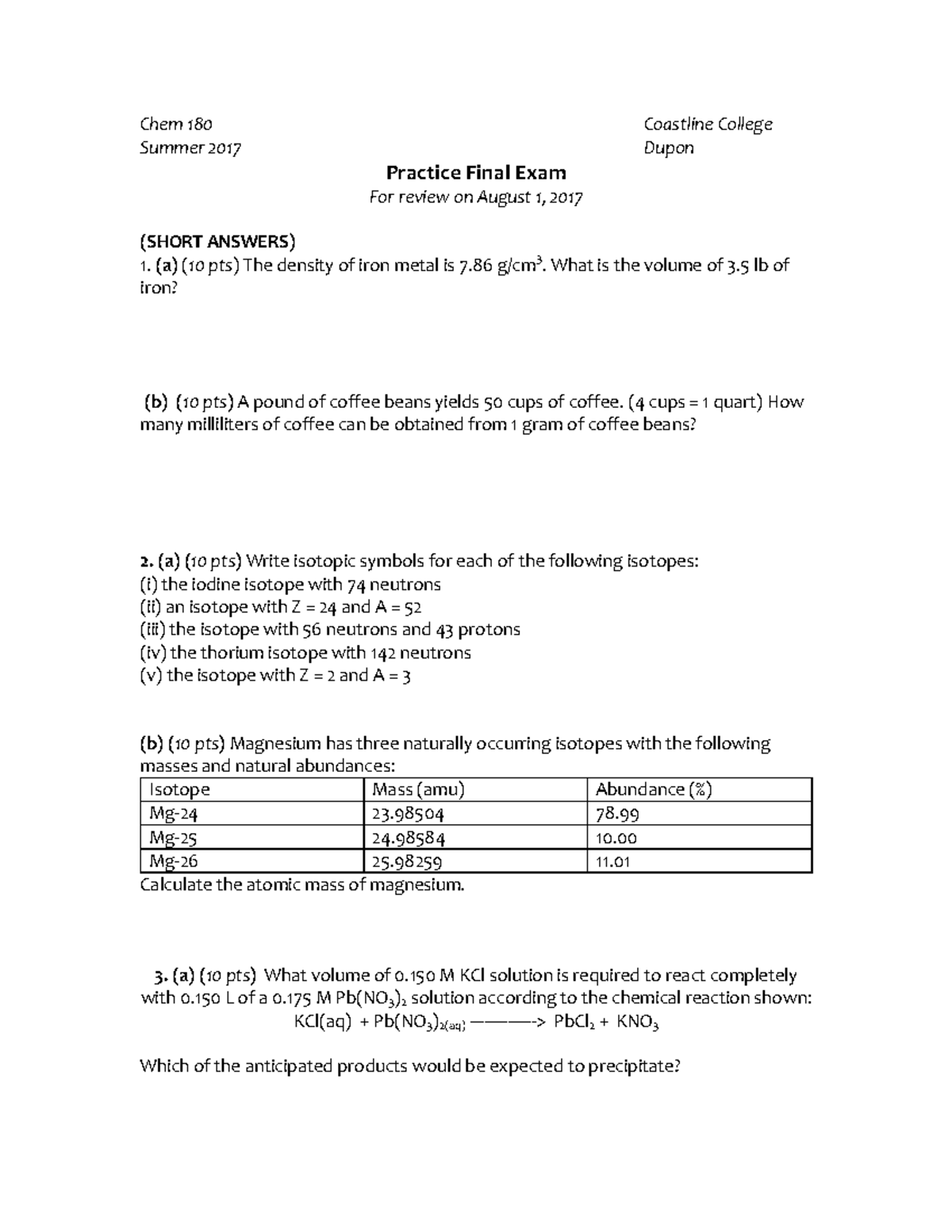 Chem 180 Summer 2017 Practice Final Exam Review (Short Answers) - Studocu