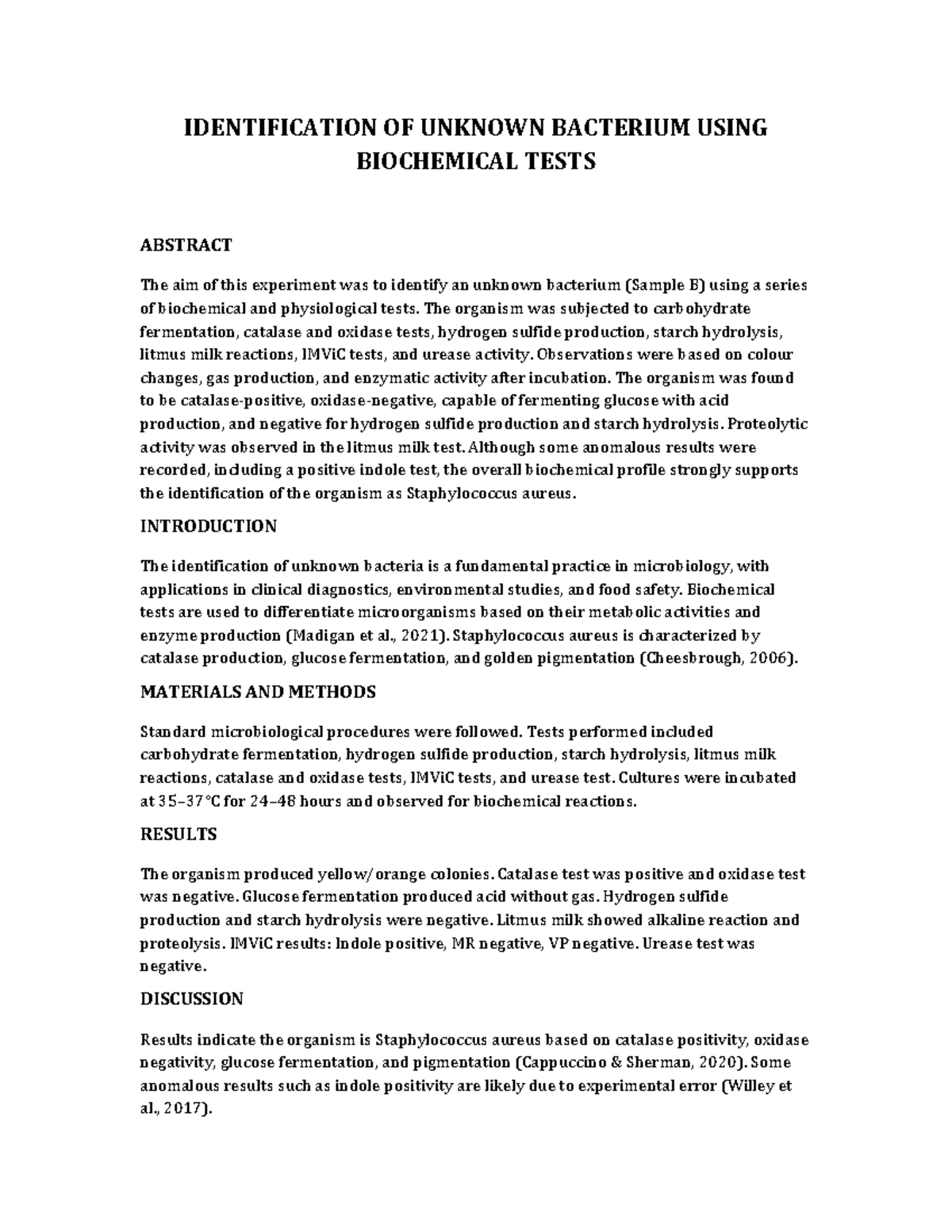 Identification of Unknown Bacterium: Biochemical Tests Report - Studocu