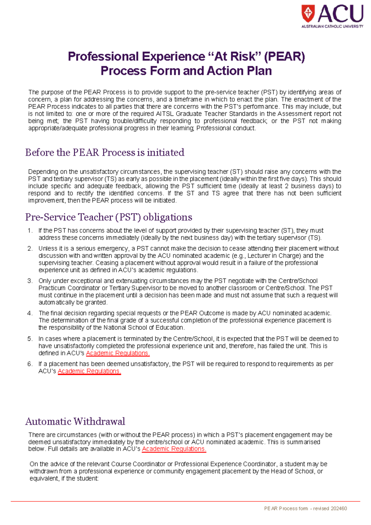ACU PEAR Process: Professional Experience Action Plan & Support - Studocu