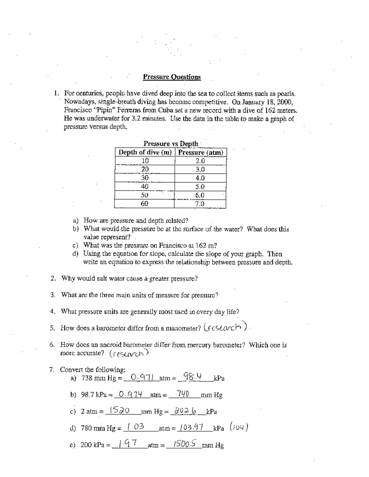 Pressure and Depth Analysis: Key Concepts and Calculations (30S) - Studocu
