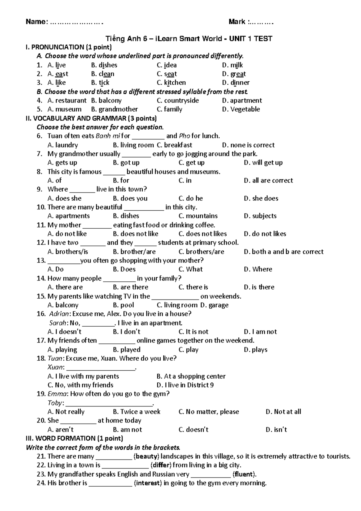 Tiếng Anh 6 iLearn Smart World - Unit 1 Pronunciation & Grammar Test ...