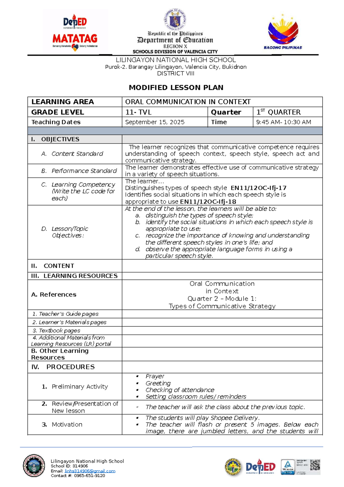 LP Oral Com: Types of Speech Styles - 1st Quarter Lesson Plan - Studocu