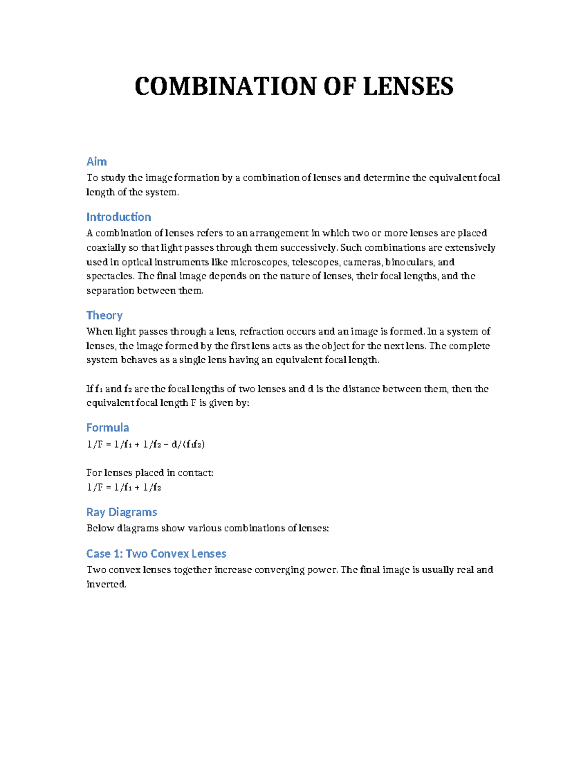 Combination of Lenses: Image Formation & Equivalent Focal Length - Studocu
