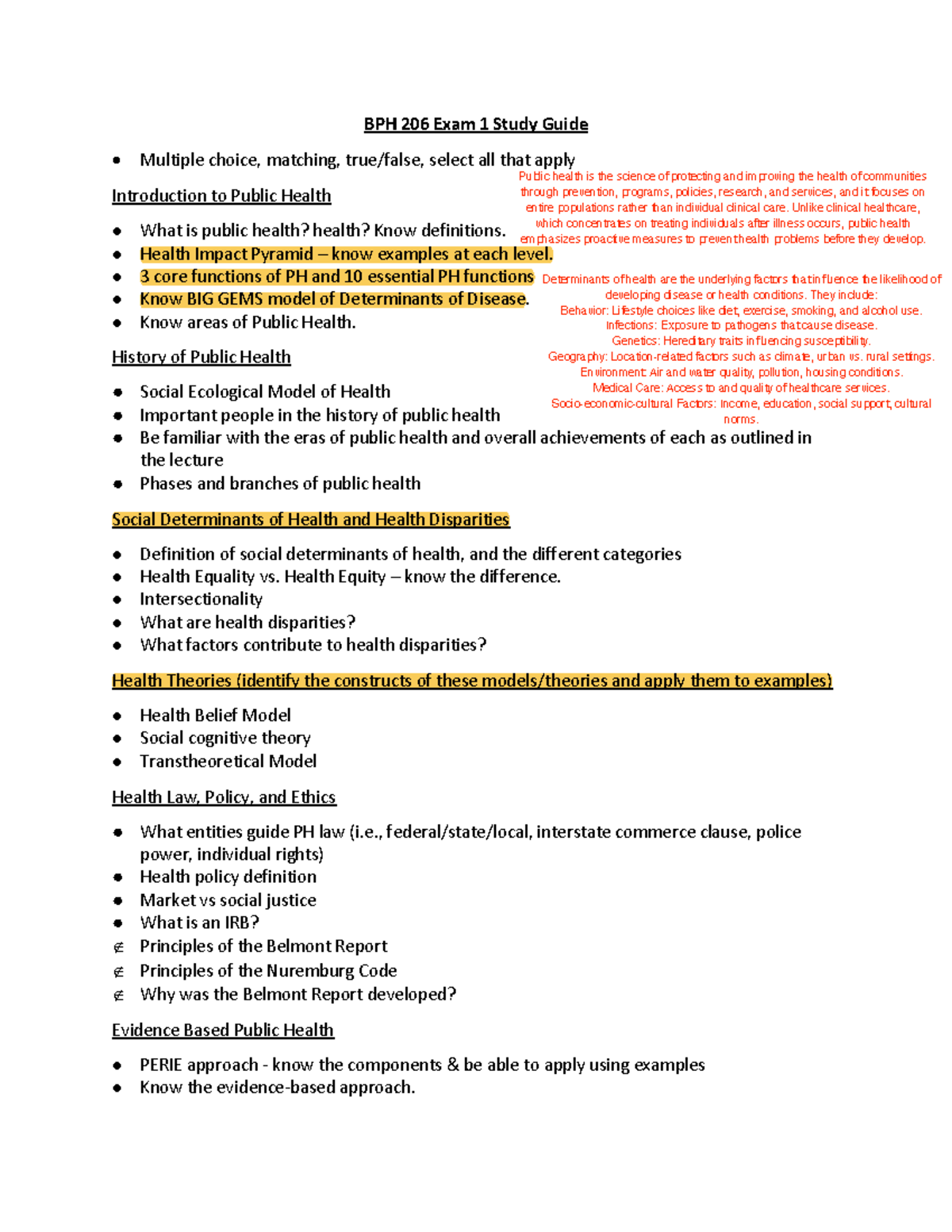 BPH 206 Exam 1 Study Guide: Key Concepts in Public Health - Studocu