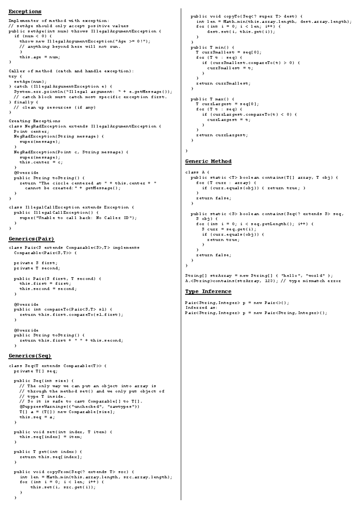 CS2030S PE1 Exception Handling and Generics Cheatsheet - Studocu