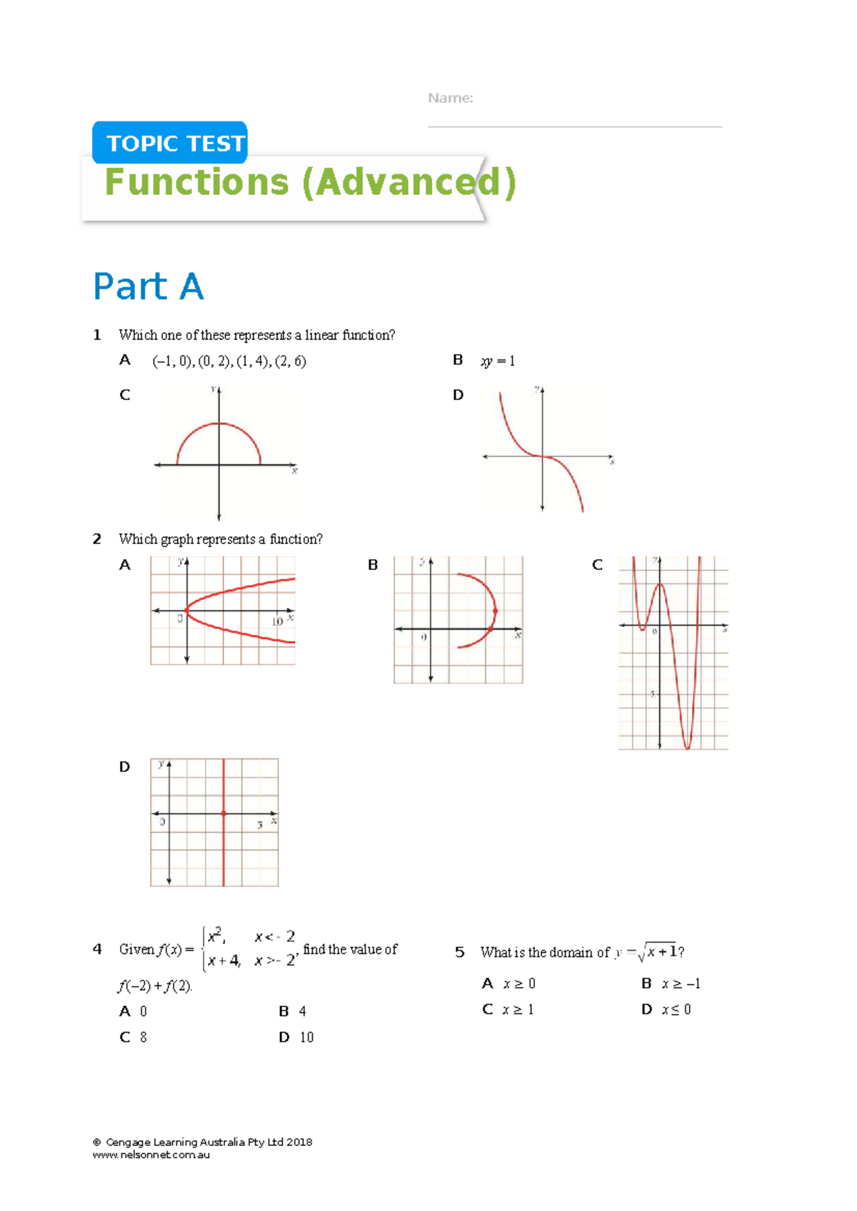 Functions - Topic TEST (Advanced) Part A - Studocu