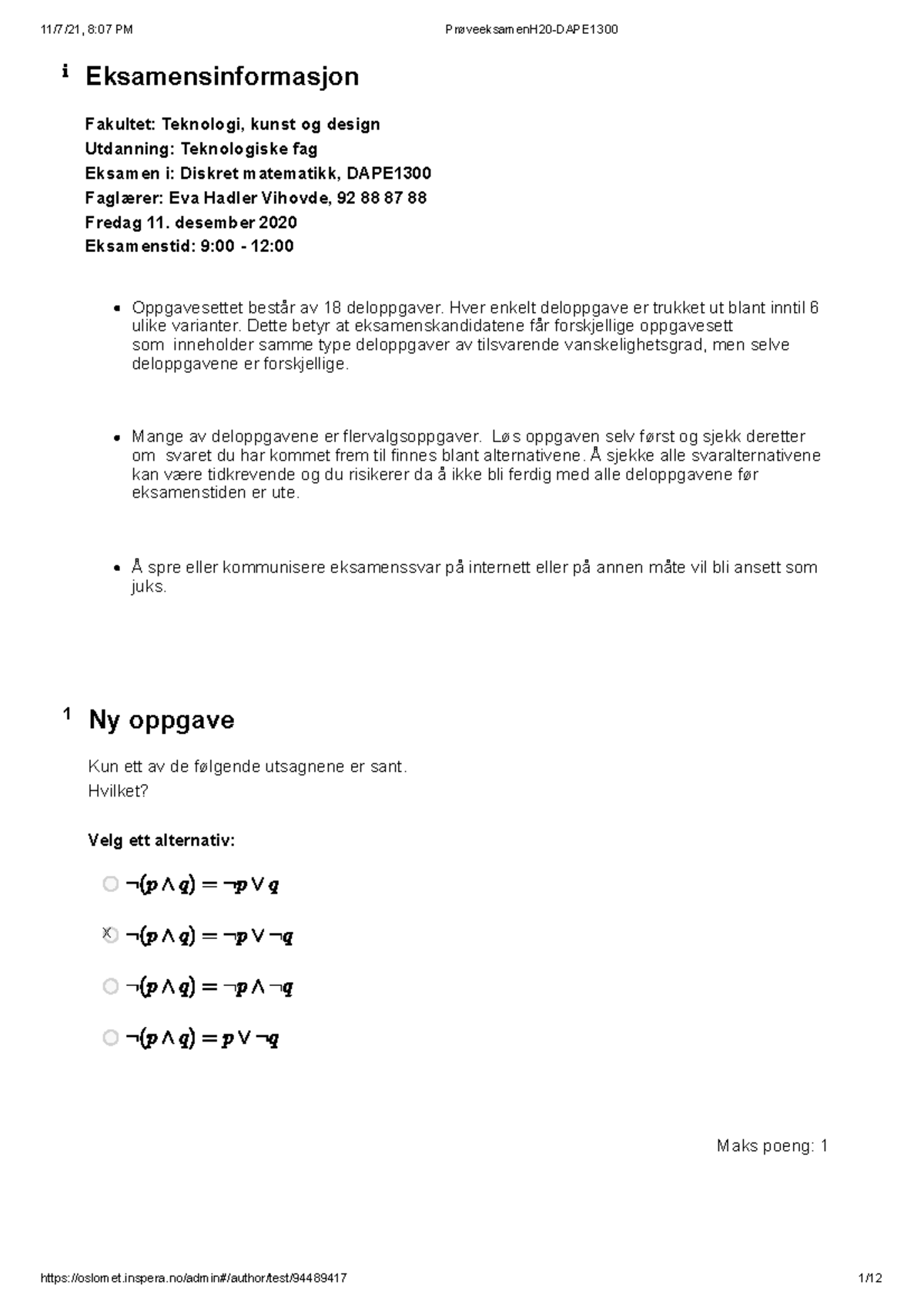 Eksamensoppgaver og Løsningsforslag, Diskret Matematikk DAPE 2020 - Studocu
