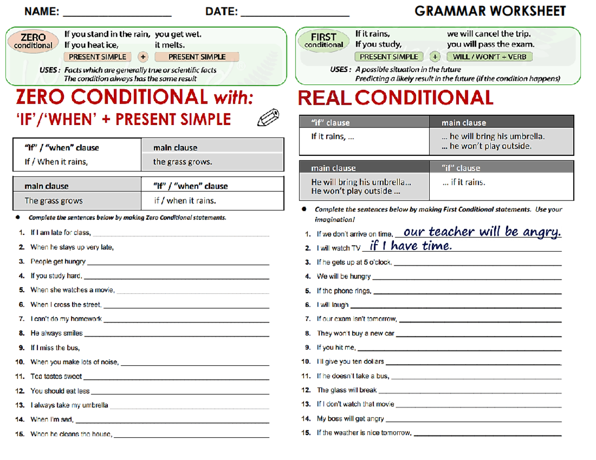 Conditionals: Understanding Zero and First Types - Studocu