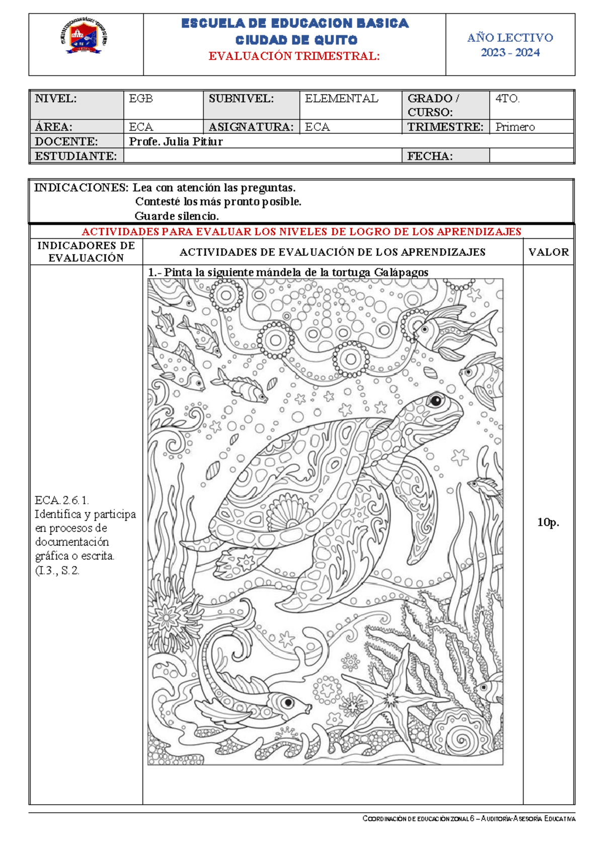 Evaluación Trimestral ECA 4TO 2023-2024 - 1er Trimestre - Document Preview