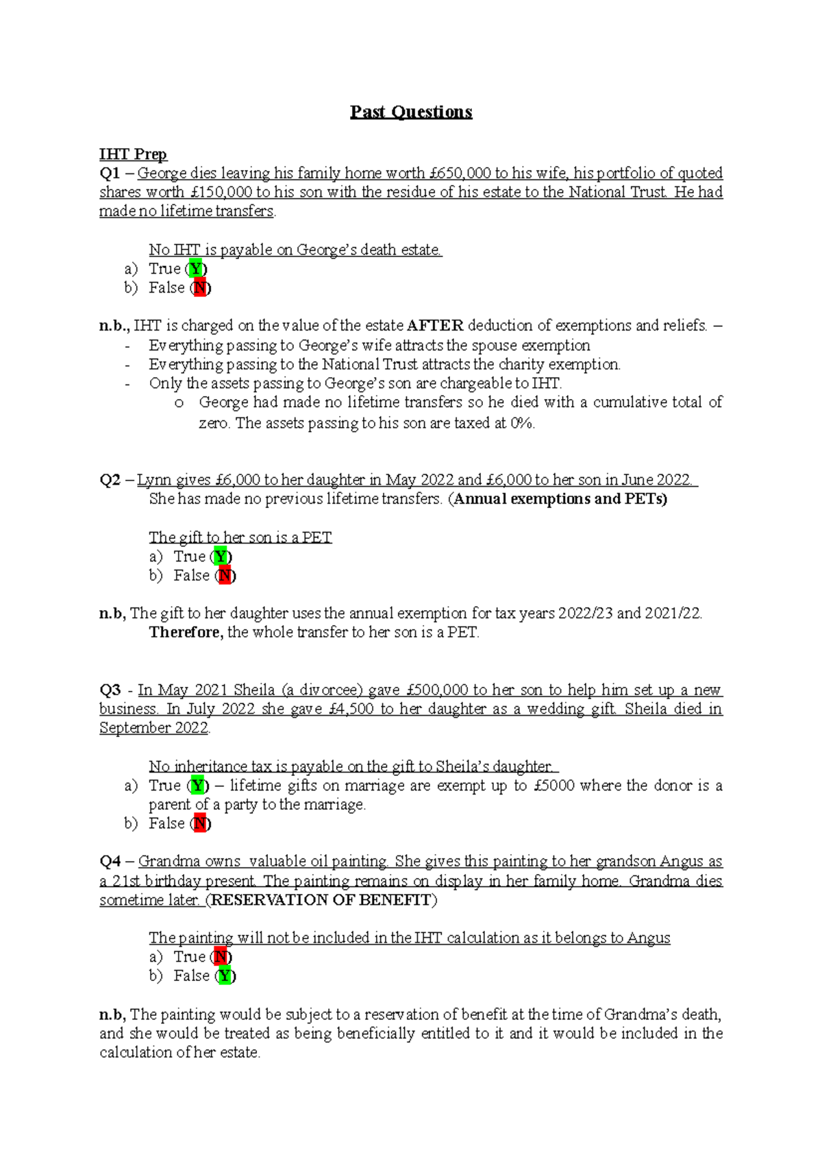 Past Questions - Past Questions IHT Prep Q1 – George dies leaving his ...