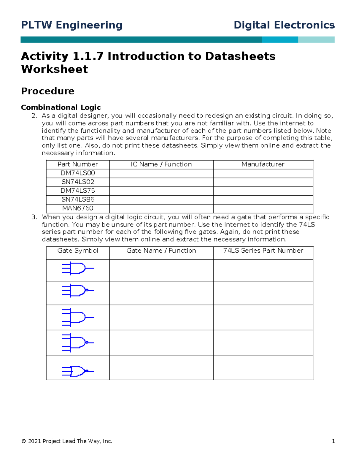 De 117 Teacher Datasheets Worksheet - PLTW Engineering Digital ...