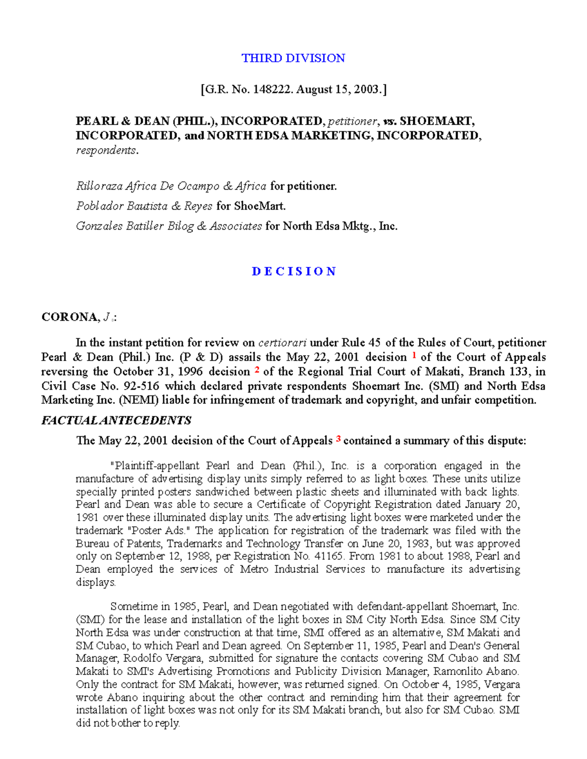 G.R. No. 148222: Pearl & Dean (Phil.) Inc. vs. Shoemart, Inc. Decision ...