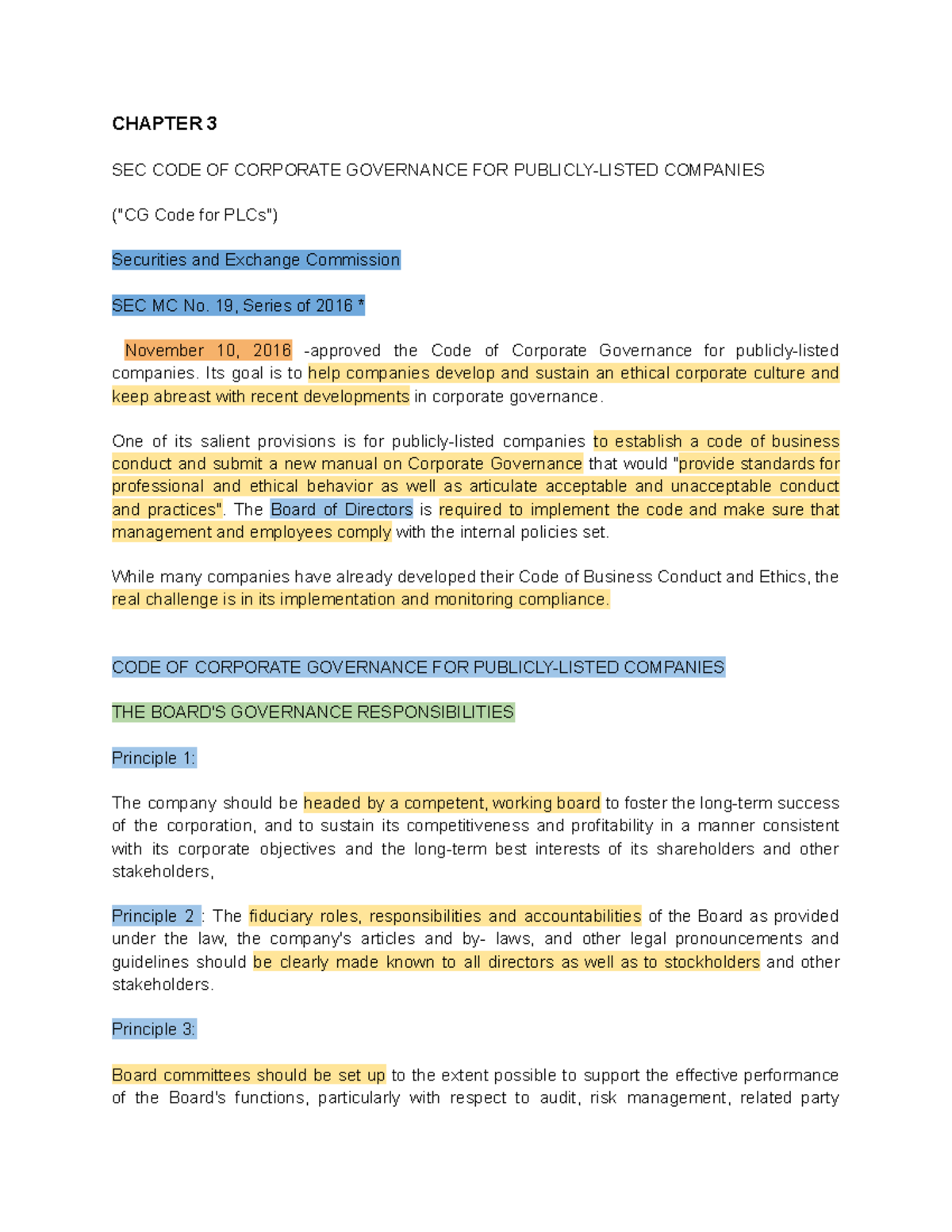 Corporate Governance Notes for PLCs - SEC Code Overview (Corpo 4) - Studocu