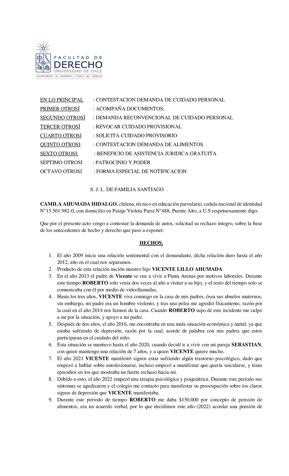 Contestación Demanda Cuidado Personal Vicente Lillo - Argumentos y Hechos - Document Preview