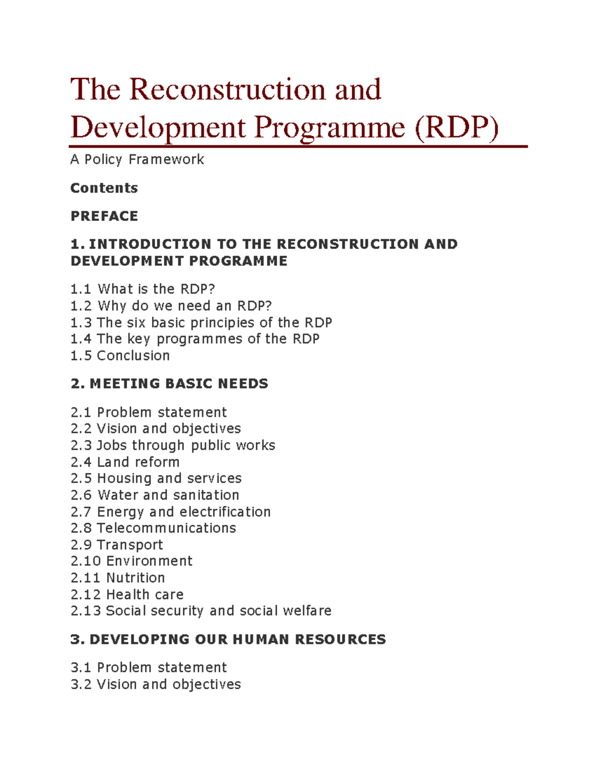 RDP 1994: Key Policies for Reconstruction & Development Framework - Studocu